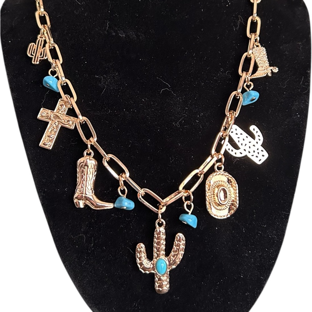 New Western Gold Charm Necklace With Turquoise Accents